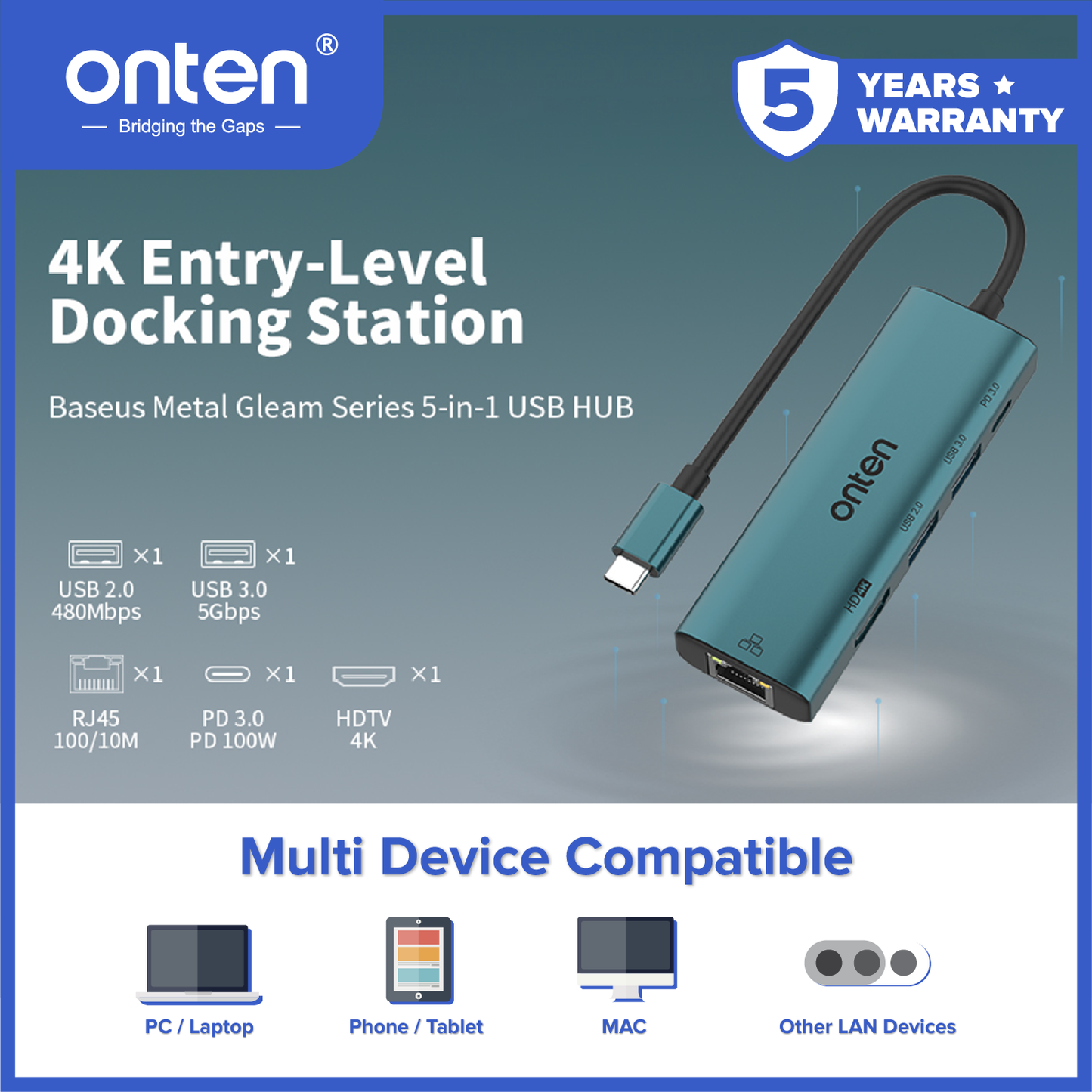 Onten Converter USB-C Hub 5in1 to LAN RJ45 HDMI USB 3.0 USB 2.0 PD 3.0 OTN-UC125
