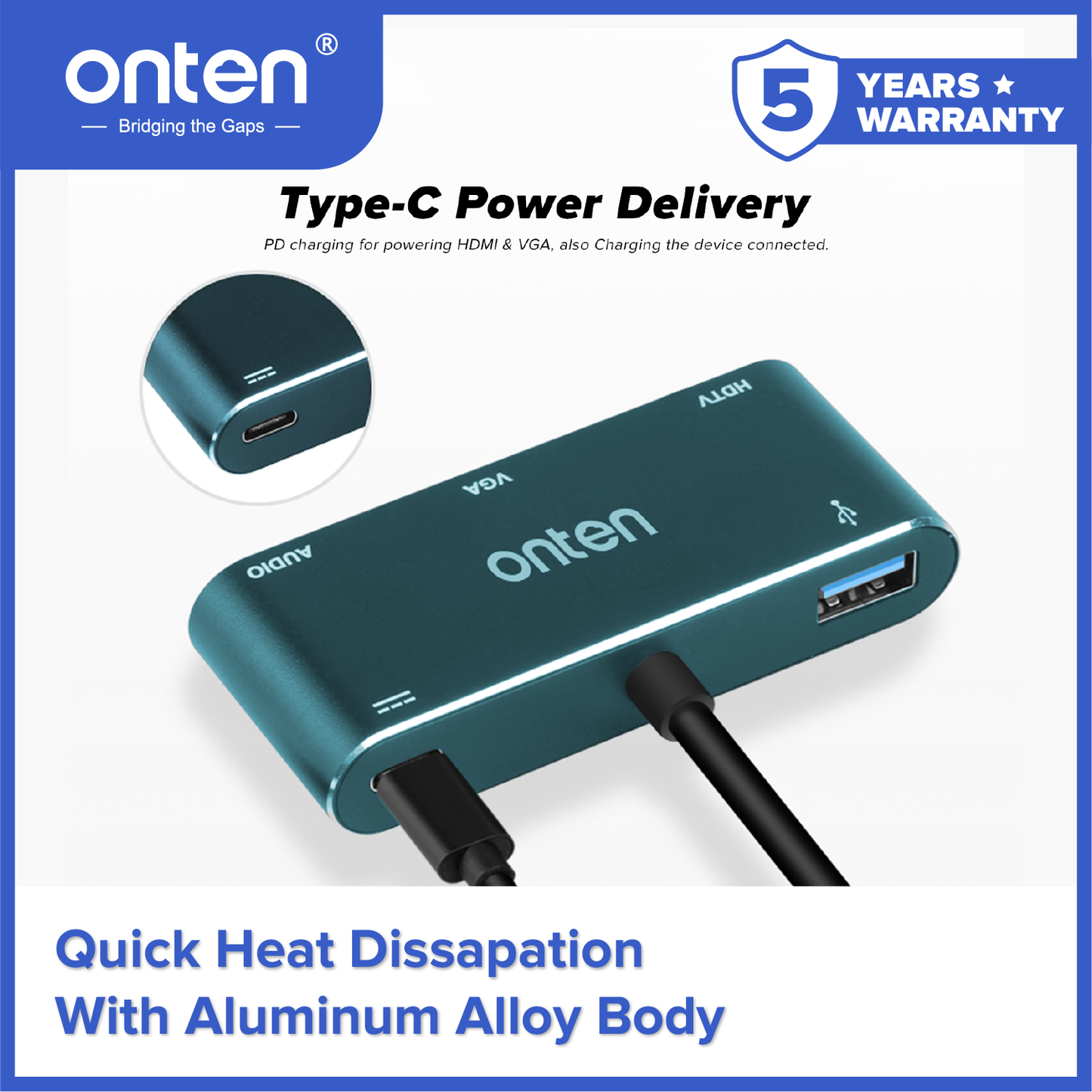 Onten Adapter USB-C 4in1 to HDMI 4K @60Hz VGA 1080P Audio PD USB HUB OTN-9573S