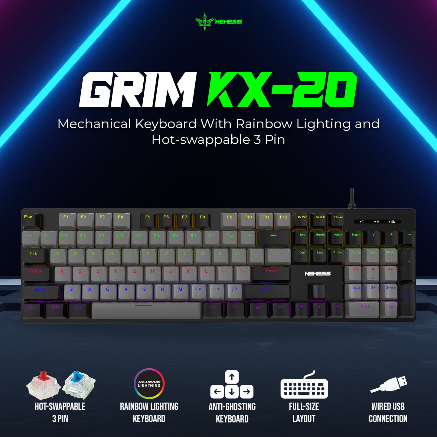 NYK Nemesis Grim KX20 Keyboard Fullsize Mechanical 3 PIN Hotswappable GRIM KX-20