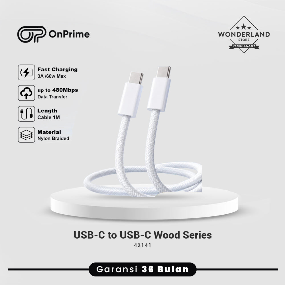 OnPrime Kabel Data USB-C to C 3A 60W Wood Series Nylon Braied SFC PD PPS