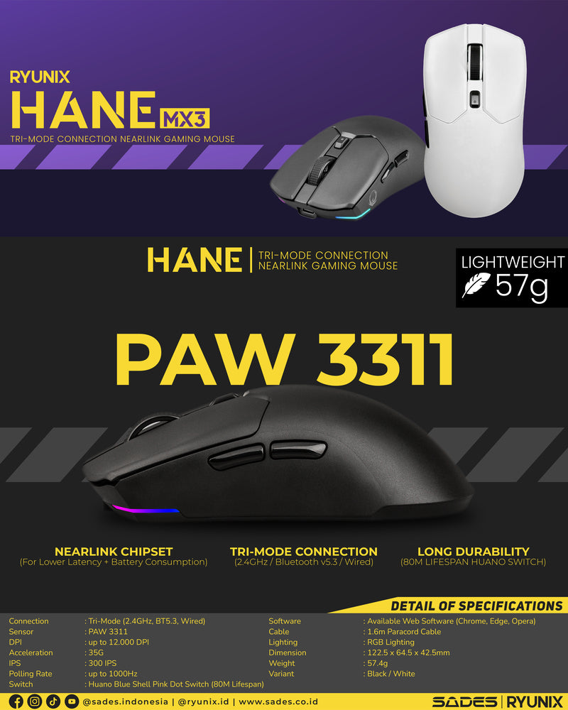 Sades Ryunix Hane MX3 Mouse Gaming Nearlink Lightweight Tri-Mode Connection