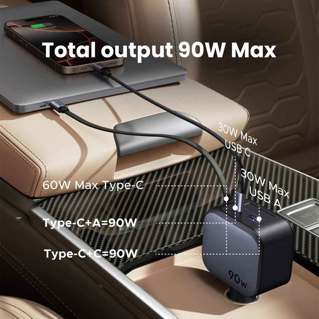 Ugreen Car Charger 90W Built in USB-C Retractable Cable Fast Charging 55909B