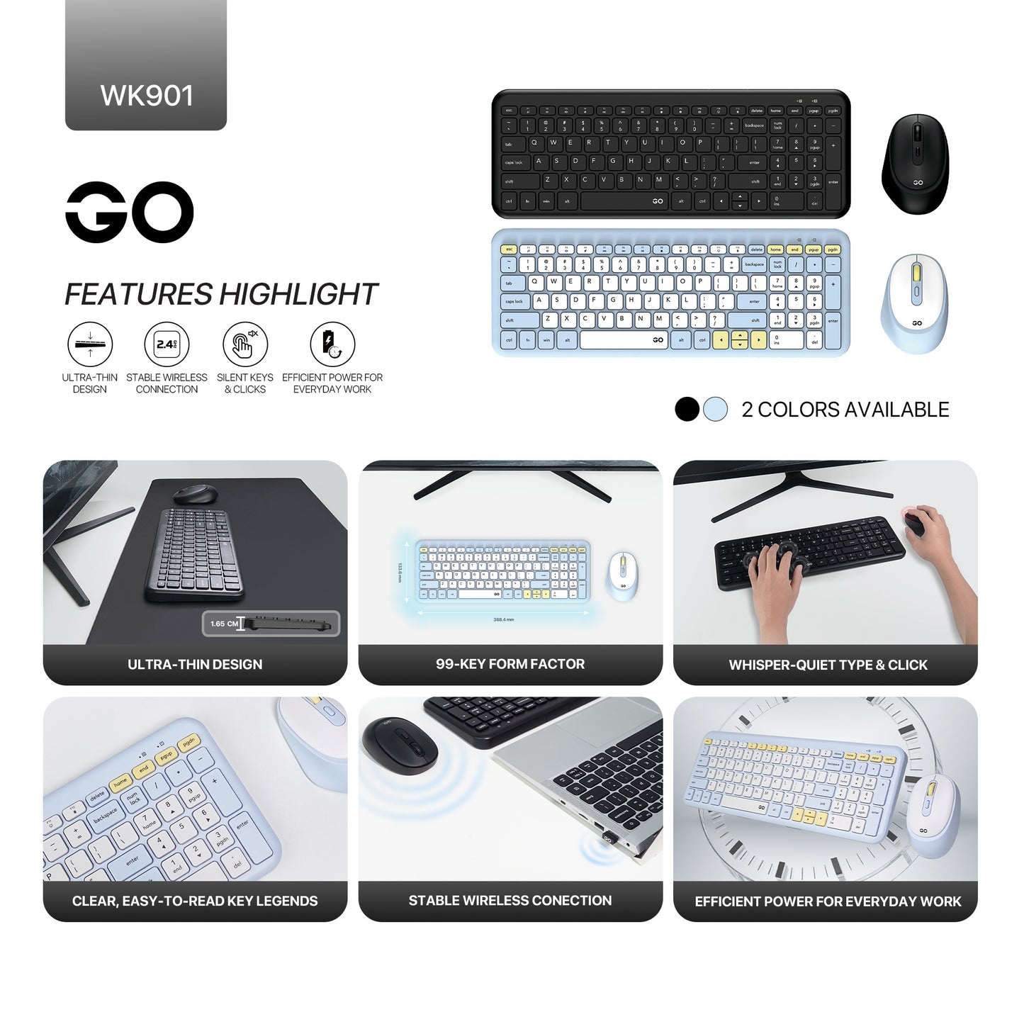 Fantech GO WK901 Combo Keyboard + Mouse Office 2.4GHz Wireless Silent 99 Keys & Clicks