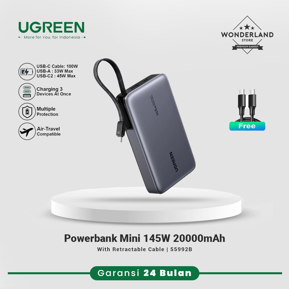 Ugreen Powerbank 145W Built-in Retractable Cable 20.000mAh PD Fast Charging