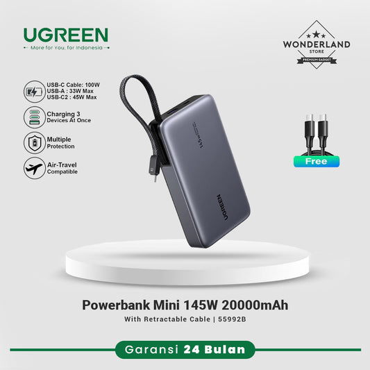 Ugreen Powerbank 145W Built-in Retractable Cable 20.000mAh PD Fast Charging