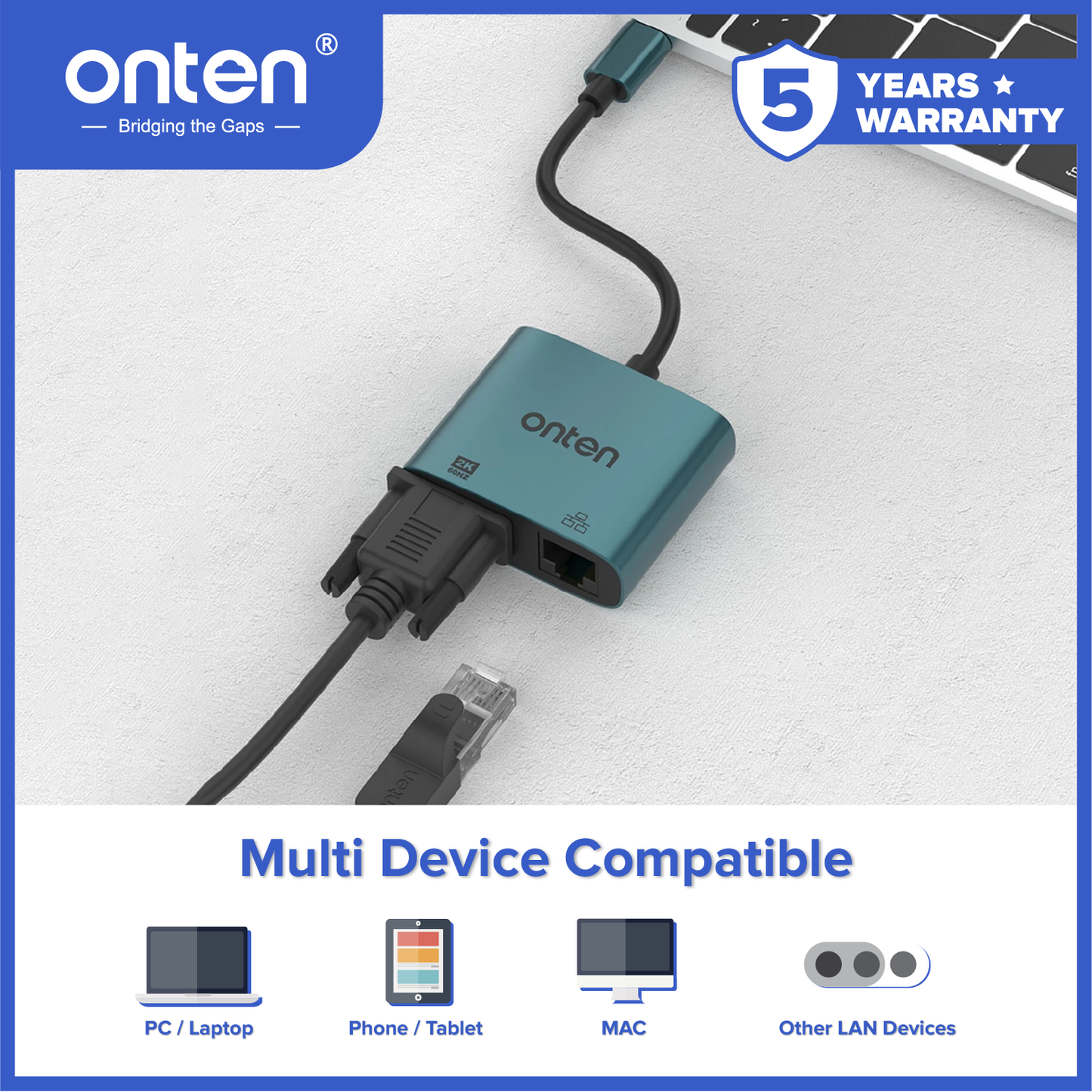 Onten Converter Fast 2in1 USB3.0 USB-C to 2K VGA + LAN RJ45 OTN-UC289