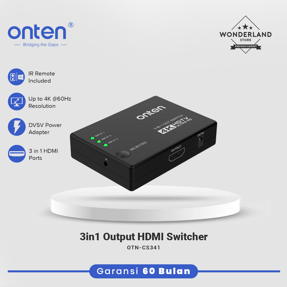 Onten Switcher 3in1 HDMI Ports Output with Remote Control HDTV 4K 60Hz Resolution OTN-CS341