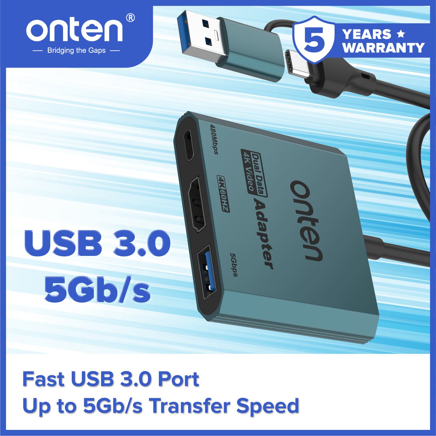 Onten Converter Fast 3in1 Dual USB 4K HDMI Adapter USB 3.0 USB 3.2 Gen 1 OTN-UCA303