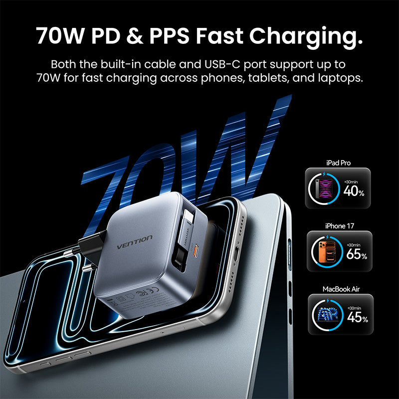 Vention GaN Dash Adaptor 70W GaN Charger PD PPS Built in USB-C Retractable Cable