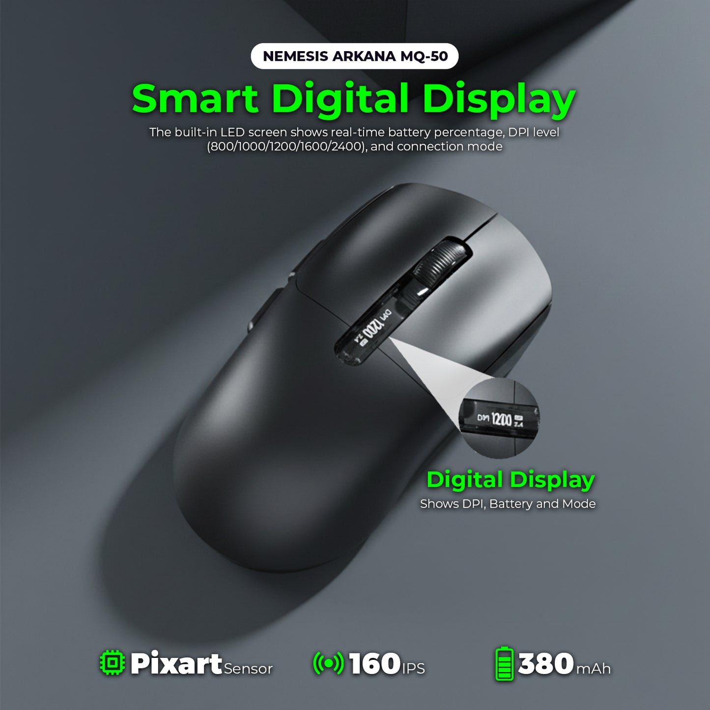 Nemesis Arkana MQ50 Mouse Wireless 2.4Ghz Dual Mode Rechargeable Battery with Digital Display MQ-50