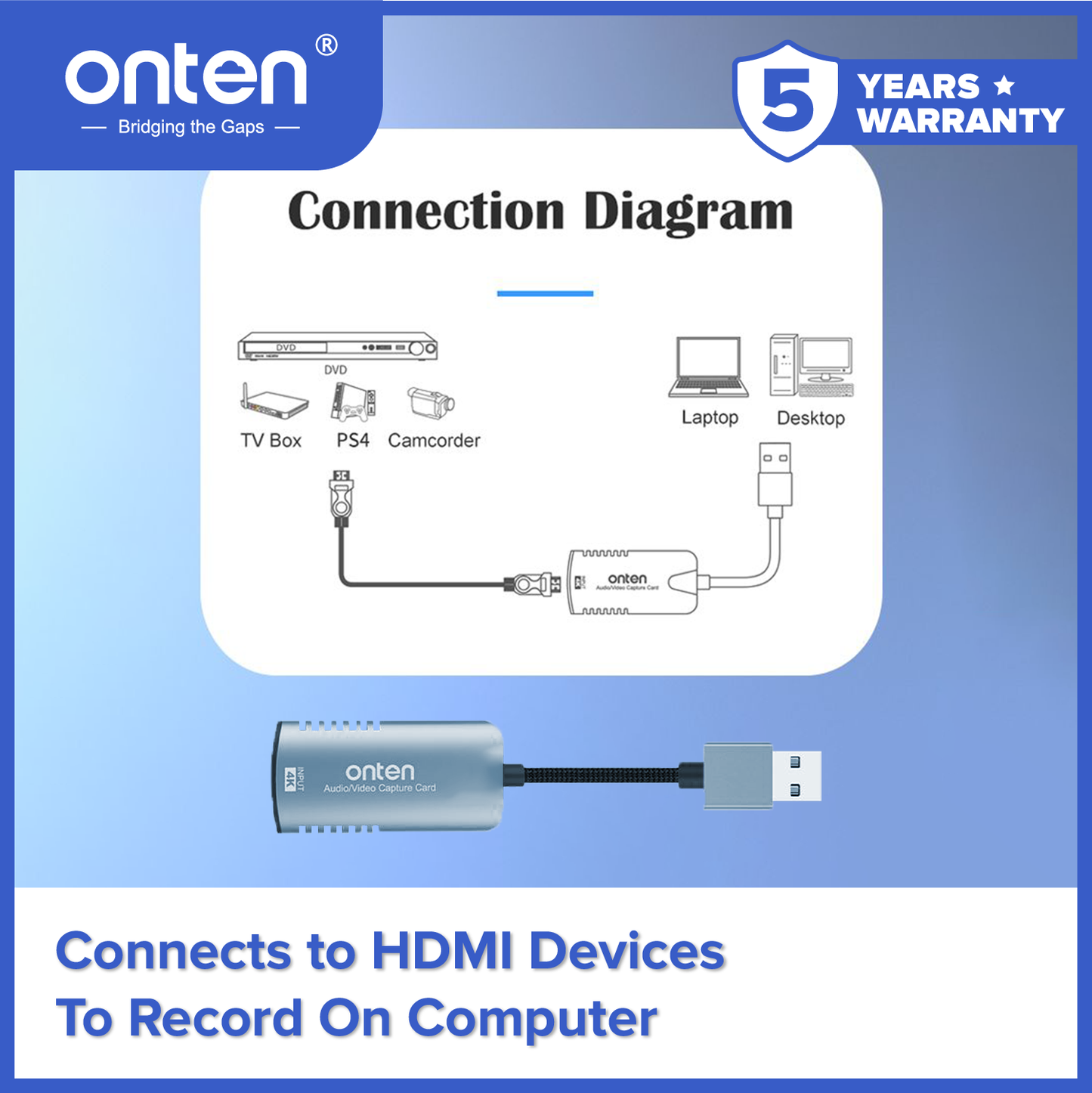 Onten Video Capture Card USB 3.0 to HDMI Female 1080P 60Hz OTN-US323