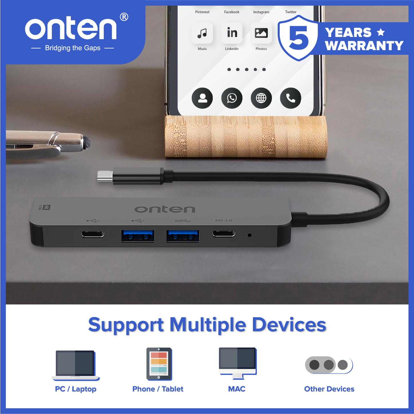 Onten Converter USB HUB USB-C 5in1 to HDMI+USB-C+PD3.0 USB-C Converter OTN-UC905S