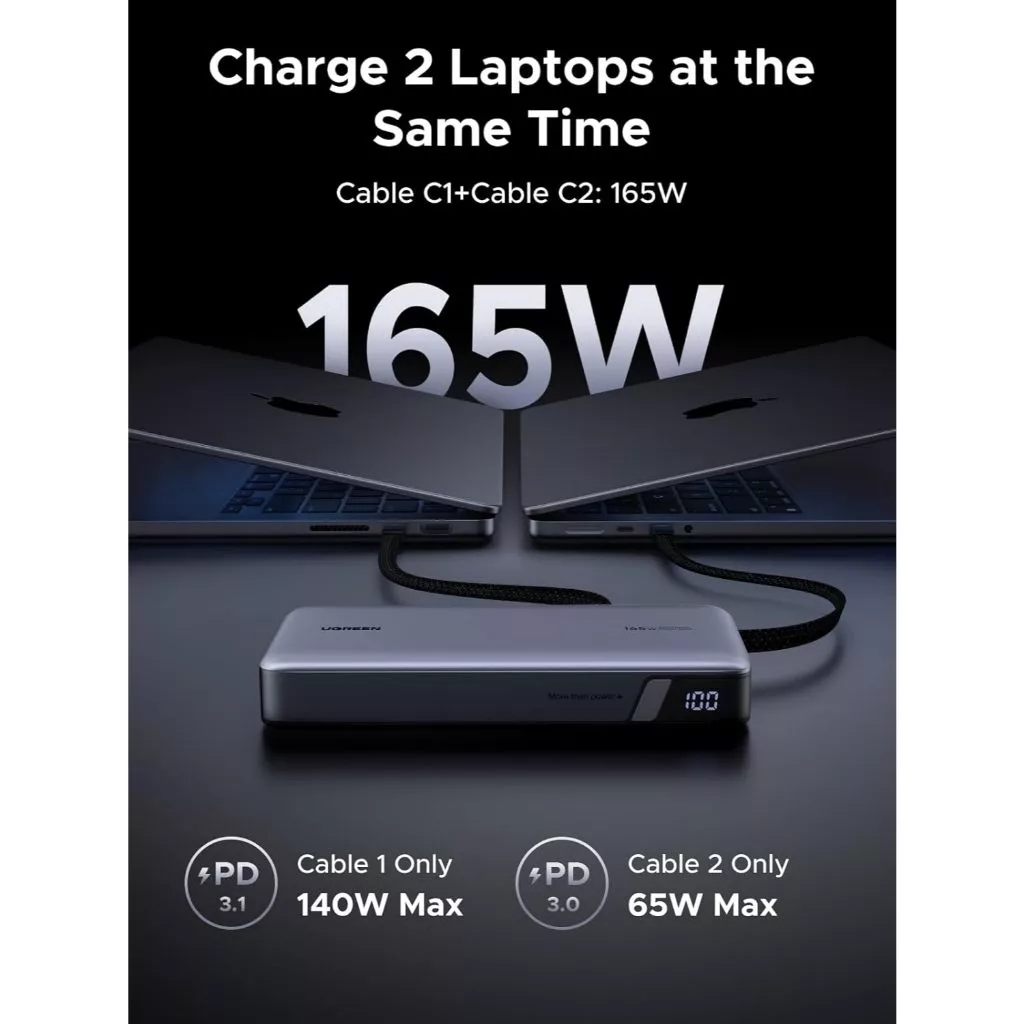 Ugreen Powerbank 165W 25000mAh Built in Cable USB-C PD QC PPS SCP LED Display