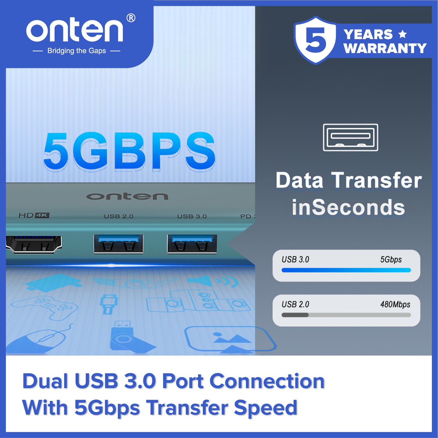 Onten Converter USB-C Hub 5in1 to LAN RJ45 HDMI USB 3.0 USB 2.0 PD 3.0 OTN-UC125