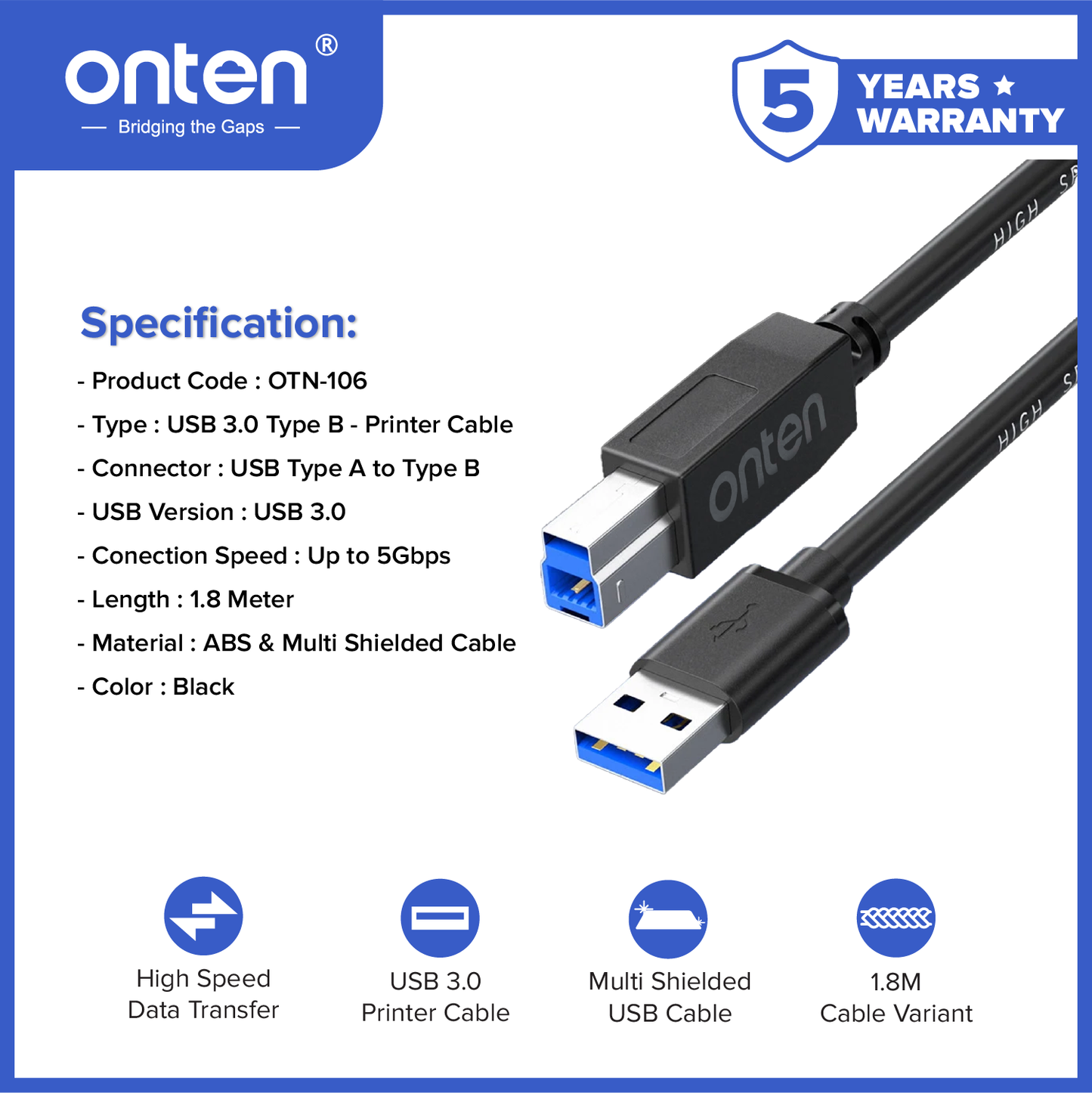 Onten Kabel Printer USB 3.0 Type B Printer Cable 1.8 Meter High Speed OTN-US106