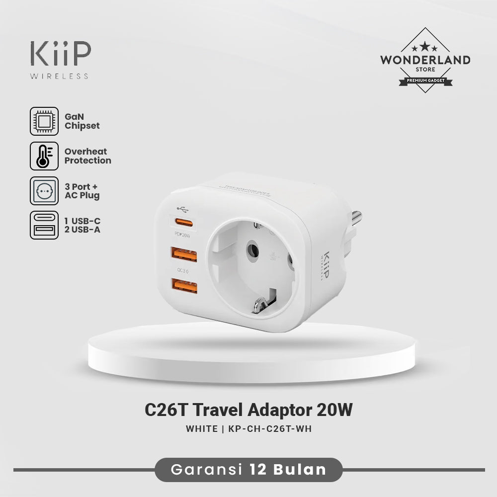 KiiP C26T Travel Adaptor 20W Fast Charging Dual USB 18W + USB-C 25W
