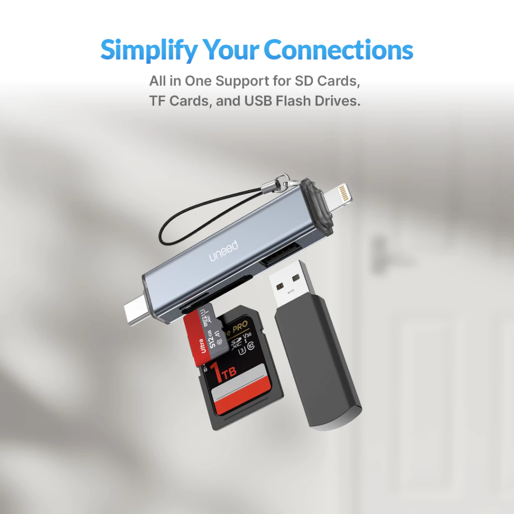 Uneed Card Reader USB-A / USB-C / Lightning to Memory SD/TF Card/USB A 2TB Support