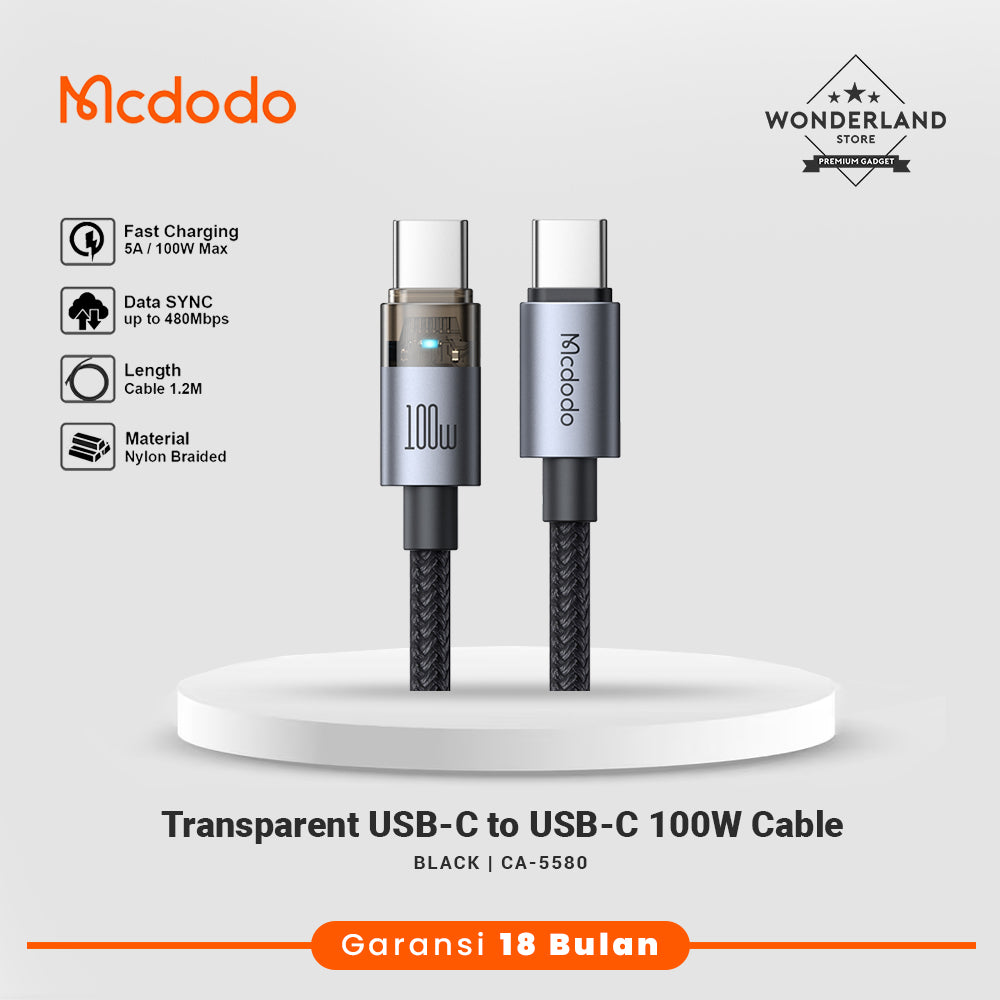 Mcdodo Kabel Data Transparant USB-C to C 100W PD PPS LED Indicator
