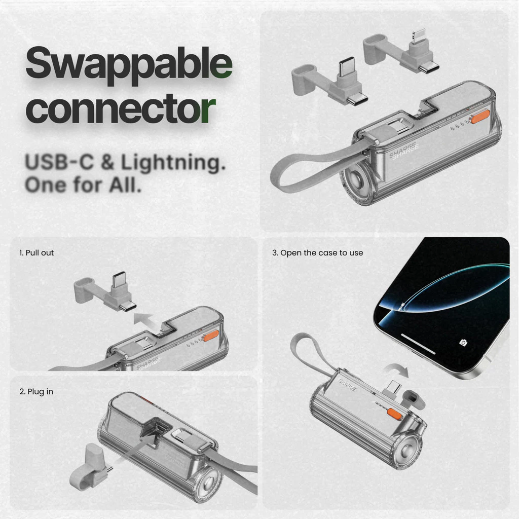 Sharge Powerbank Flow Mini 2 Duo 5000mAh Built-in USB-C + Lightning PD 22.5W Fast Charging