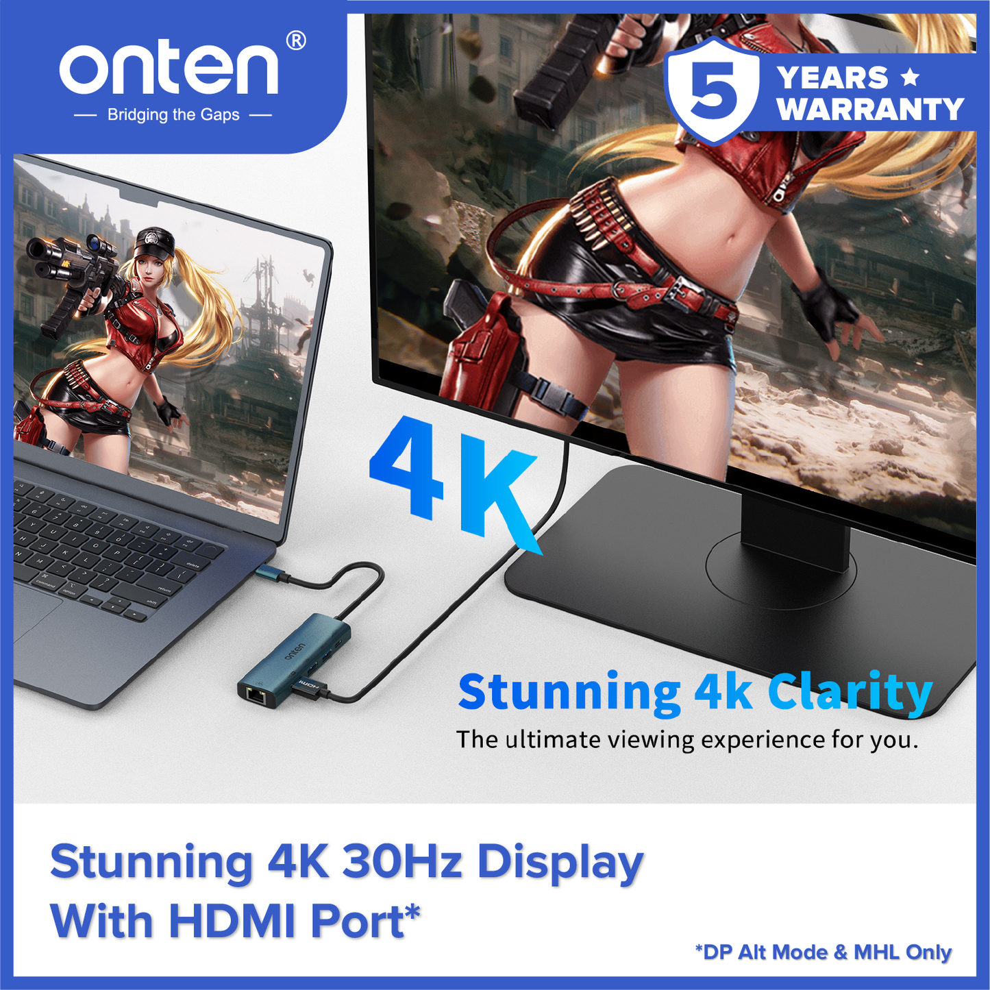 Onten Converter USB-C Hub 5in1 to LAN RJ45 HDMI USB 3.0 USB 2.0 PD 3.0 OTN-UC125