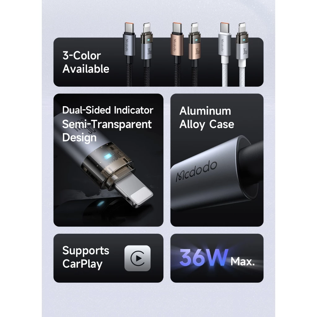 Mcdodo Kabel Data iPhone Transparant USB-C Lightning 36W Fast Charging with LED