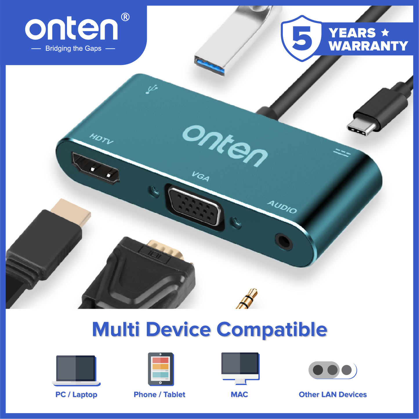 Onten Adapter USB-C 4in1 to HDMI 4K @60Hz VGA 1080P Audio PD USB HUB OTN-9573S