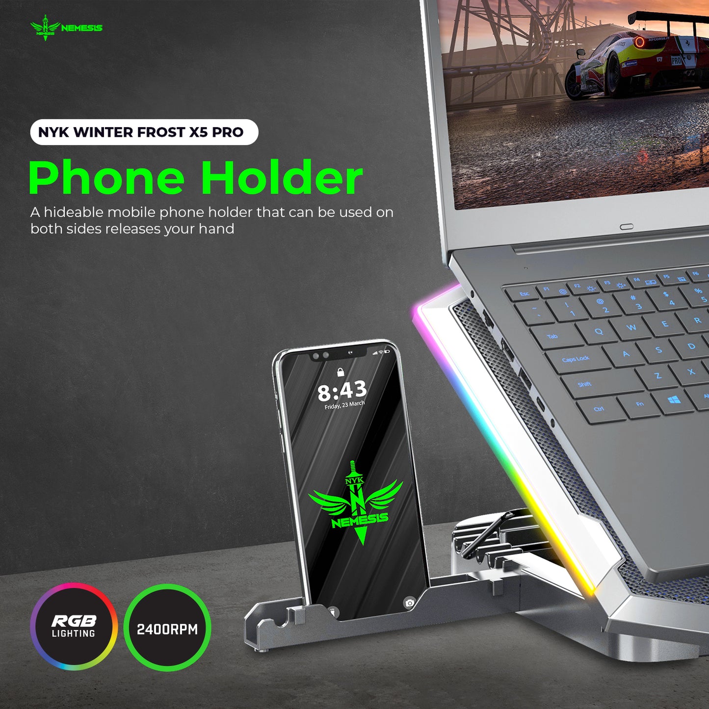 NYK Nemesis Winter Frost X5 Pro Coolingpad 8 Fan RGB with Phone Holder