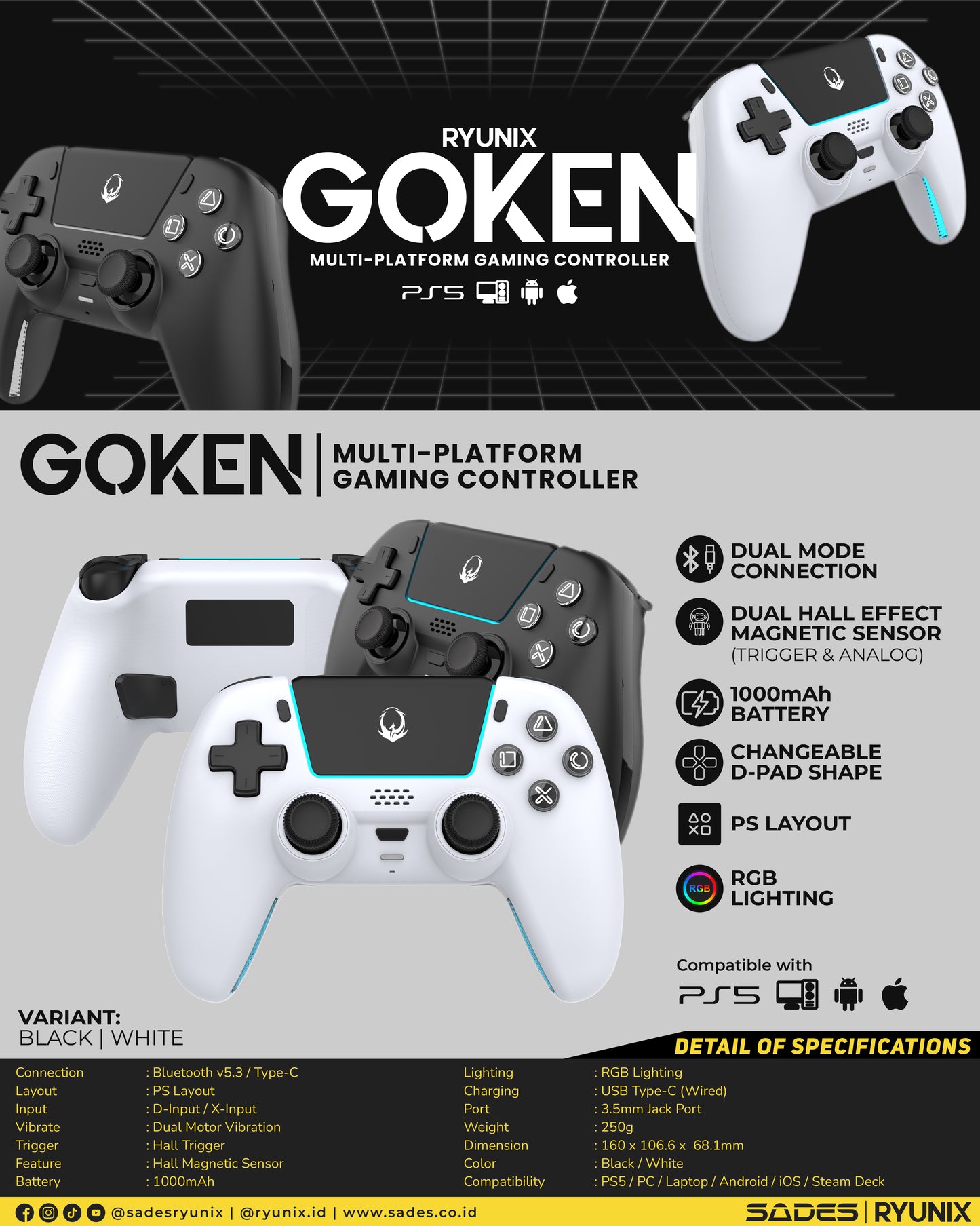 Sades Ryunix Goken G100 Gamepad PS5 Multi Platform Hall Effect Gaming Controller