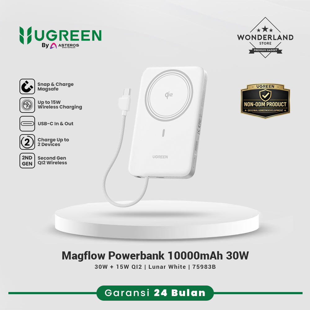 Ugreen Magflow Powerbank Qi2 15W + 30W Built in USB-C Cable PD PPS SFC