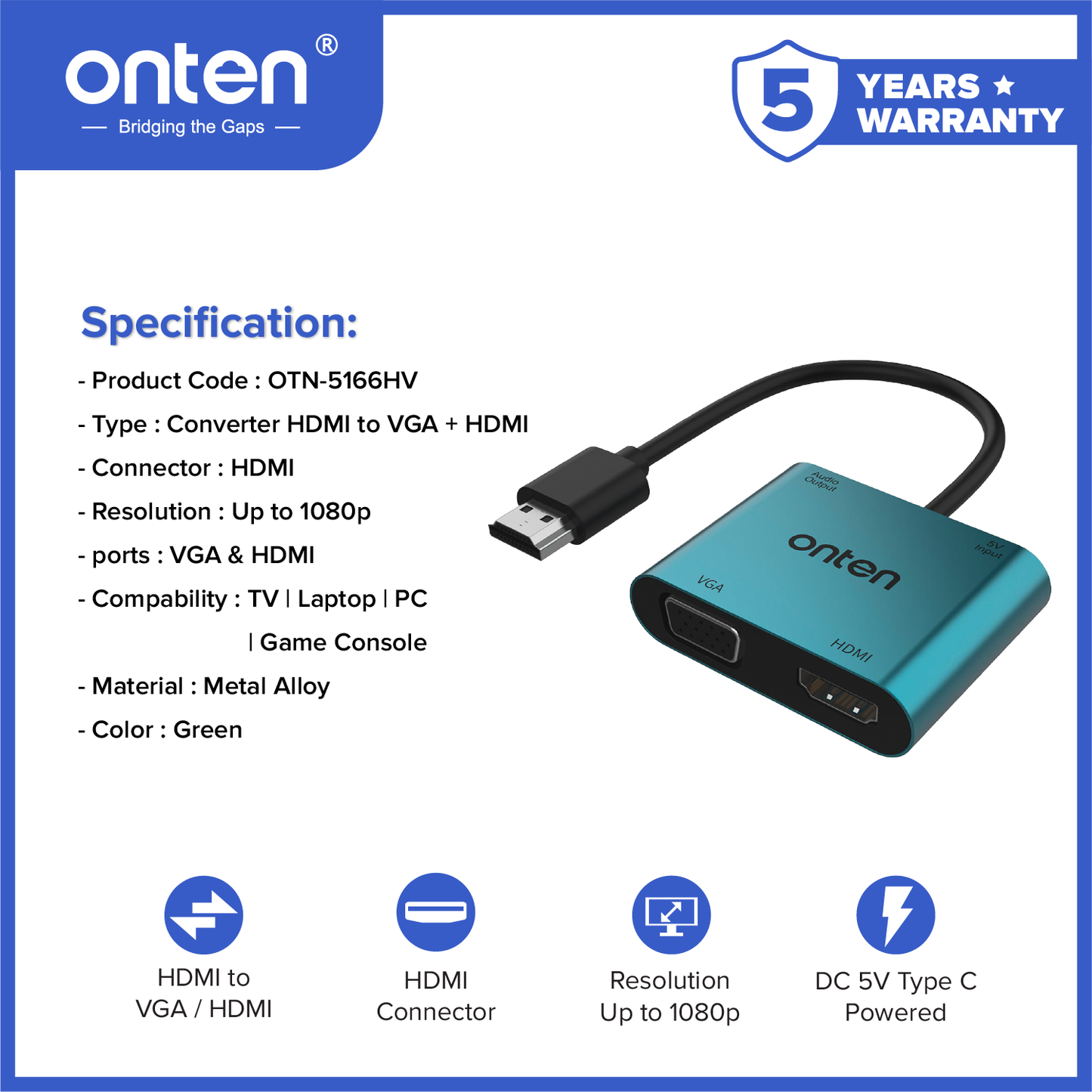 Onten Converter Adapter HDMI To VGA+HDMI 1080P Plug and Play OTN-5166HV