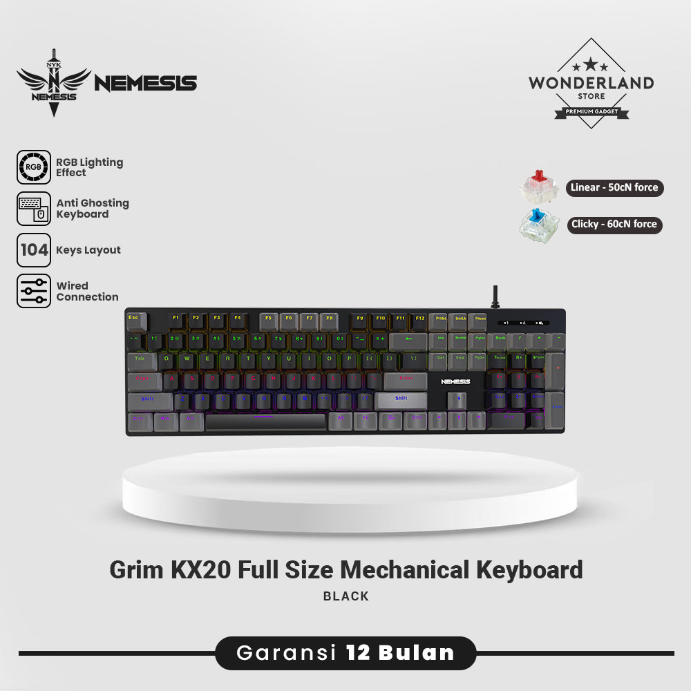 NYK Nemesis Grim KX20 Keyboard Fullsize Mechanical 3 PIN Hotswappable GRIM KX-20