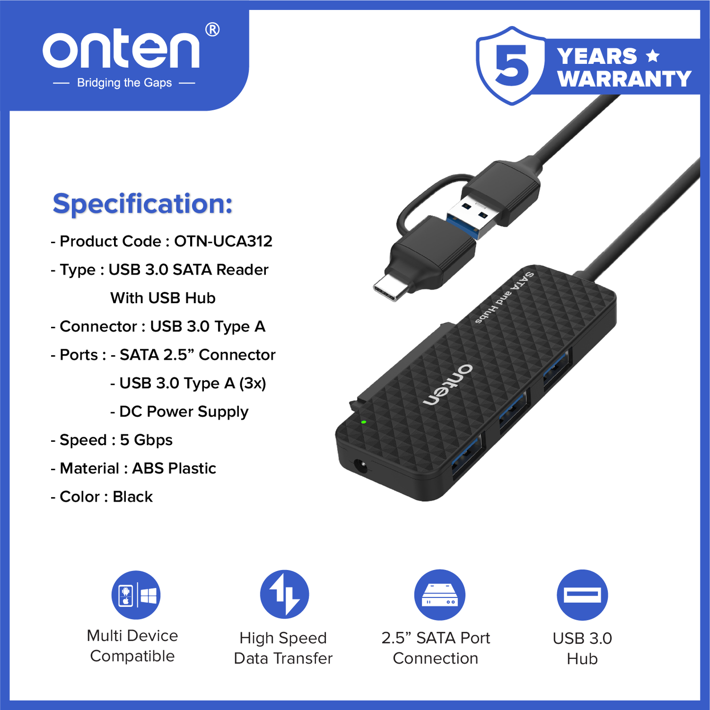 Onten Kabel USB3.0 + USB-C OTG to SATA Reader 2.5 HUB High Speed OTN-UCA312