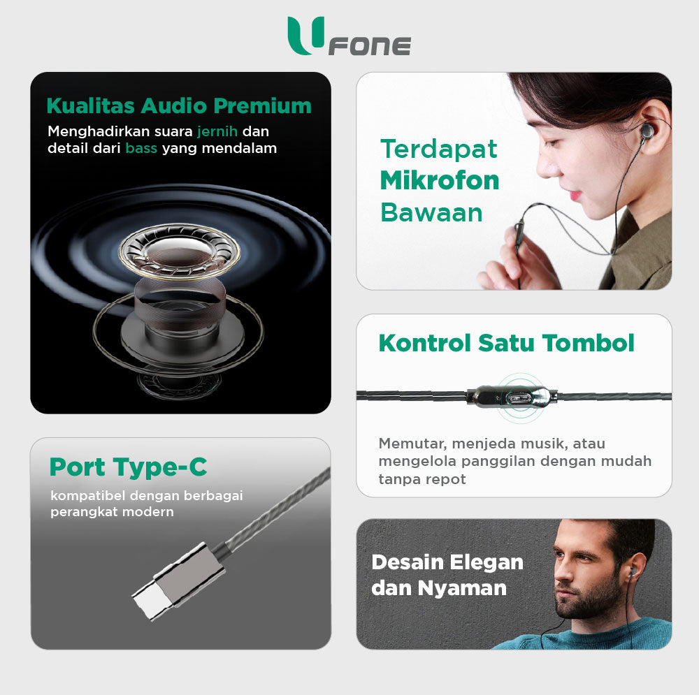 U1me x Ufone Wired Earphone In Ear Jack 3.5 / USB-C Stereo Headset Bass Boost WI03 WI04-C