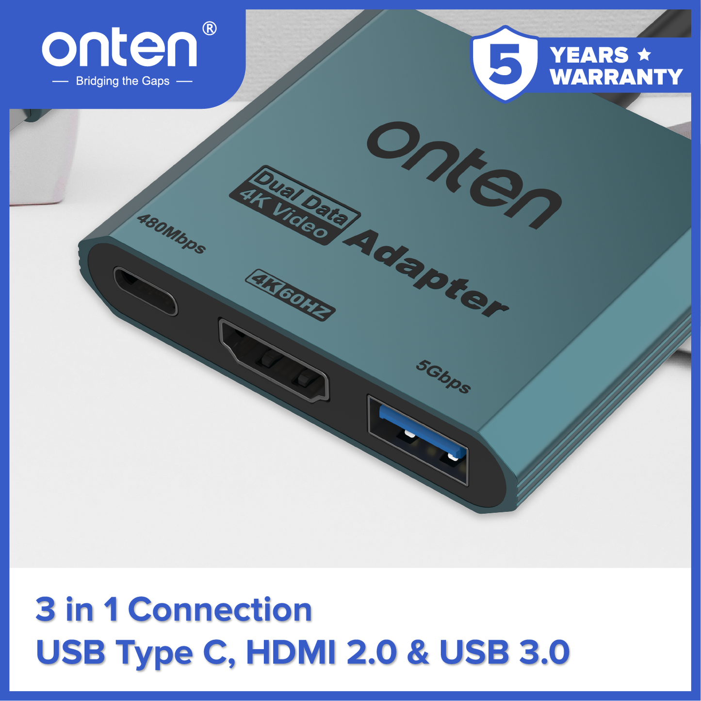 Onten Converter Fast 3in1 Dual USB 4K HDMI Adapter USB 3.0 USB 3.2 Gen 1 OTN-UCA303
