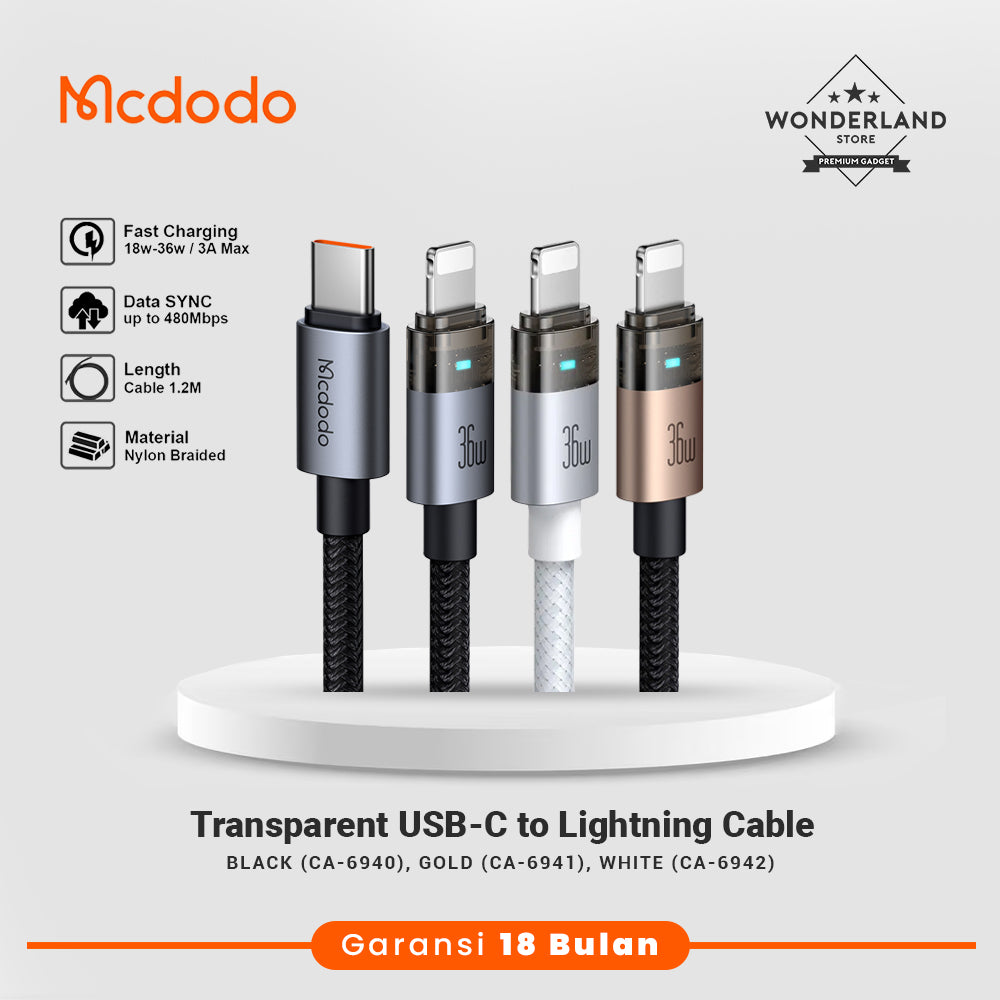 Mcdodo Kabel Data iPhone Transparant USB-C Lightning 36W Fast Charging with LED