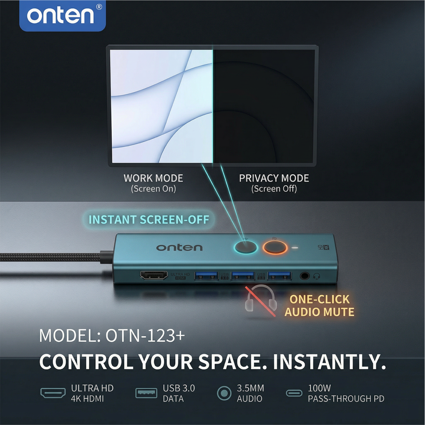 Onten USB-C HUB 6in1 with Screen OFF & Mute Compatible Mac OS Windows 4K 30Hz Resolution OTN-UC123P