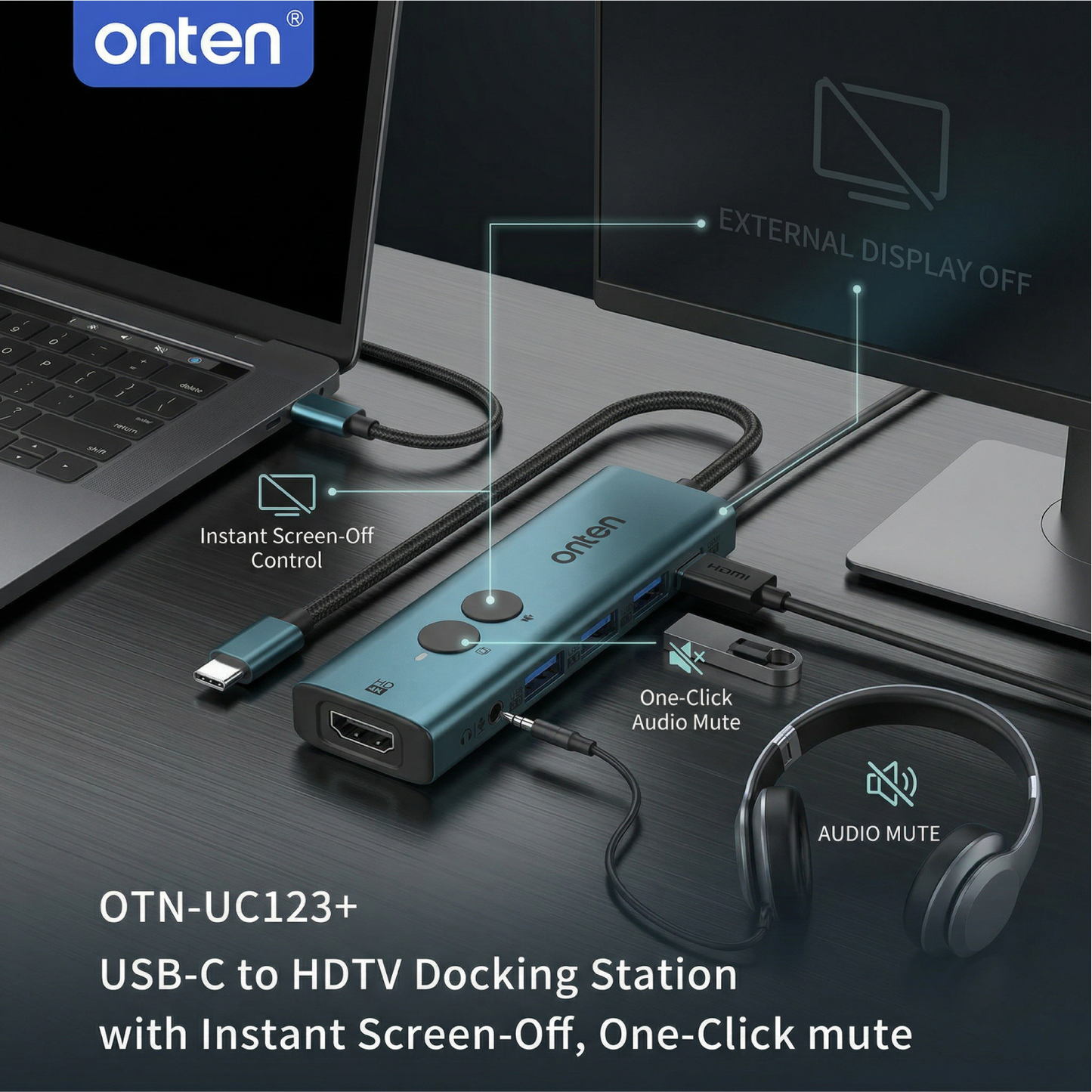 Onten USB-C HUB 6in1 with Screen OFF & Mute Compatible Mac OS Windows 4K 30Hz Resolution OTN-UC123P