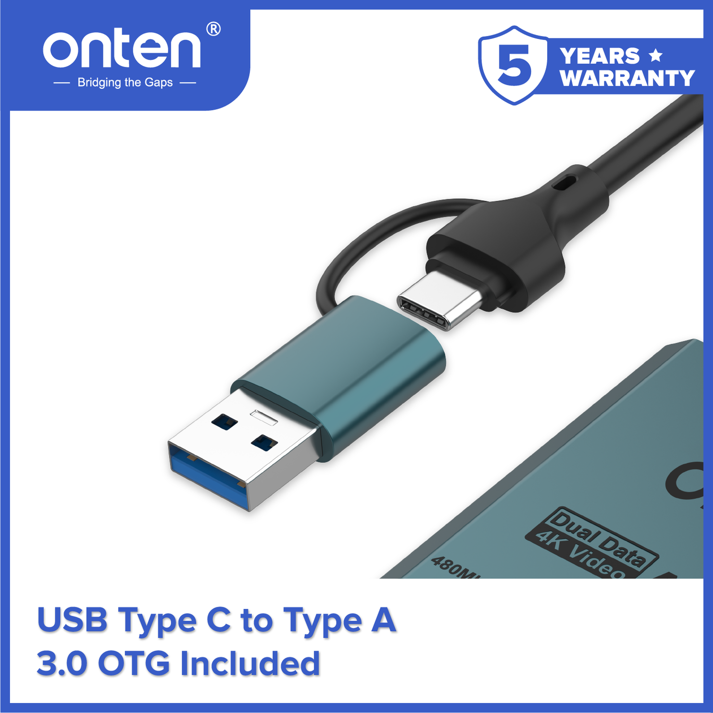 Onten Converter Fast 3in1 Dual USB 4K HDMI Adapter USB 3.0 USB 3.2 Gen 1 OTN-UCA303